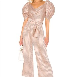 C/MEO Collective Through You Square Neck Puff Sleeve Wide Leg Stripe Jumpsuit L